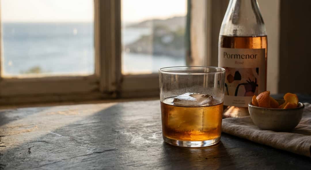 Glass of Samos Grand Cru 2024 in sunset light by the Mediterranean