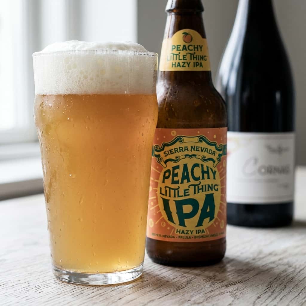 Ett glas hazy IPA med skum står bredvid en ölflaska och en rödvinsflaska på en trebänk.