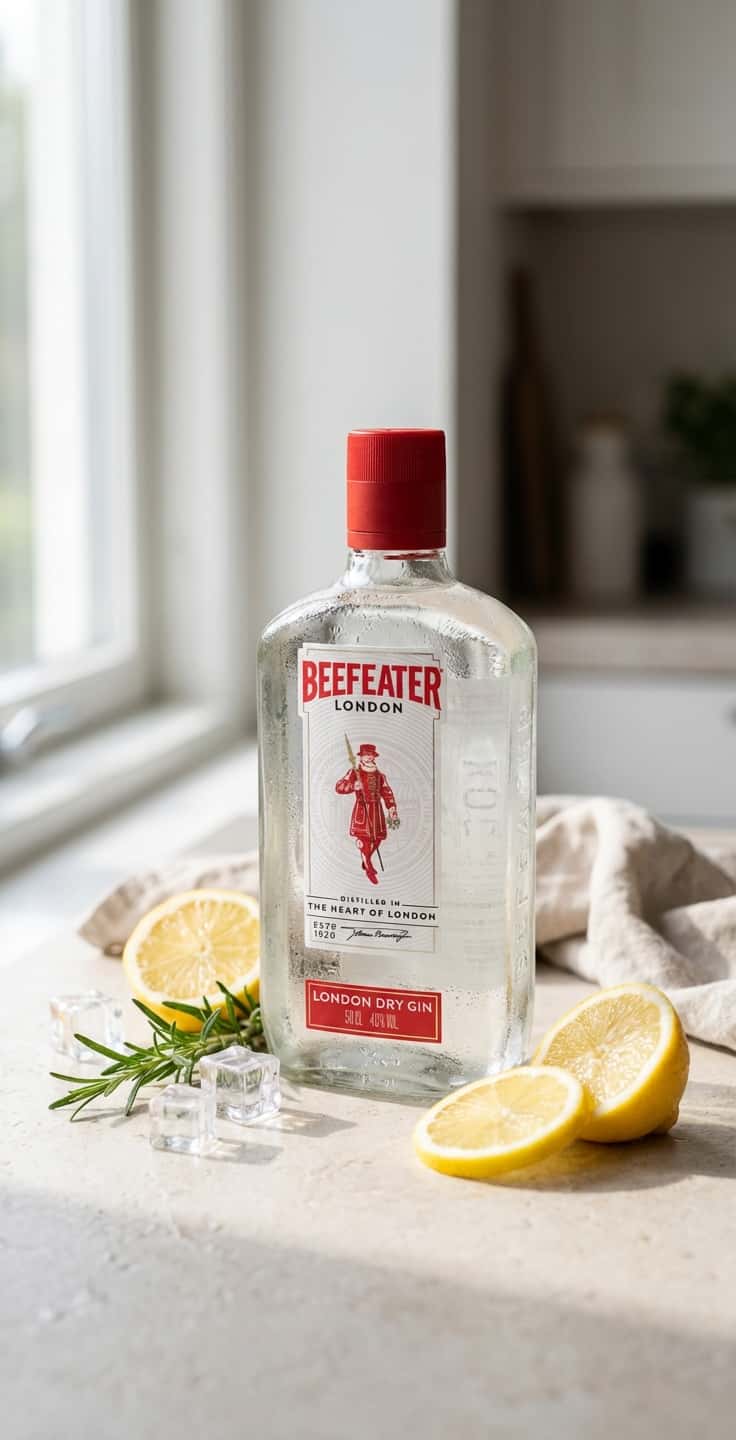 – Beefeater-flaskan på köksbänk tillsammans med citron, rosmarin och isbitar (Beefeater London Dry Gin)