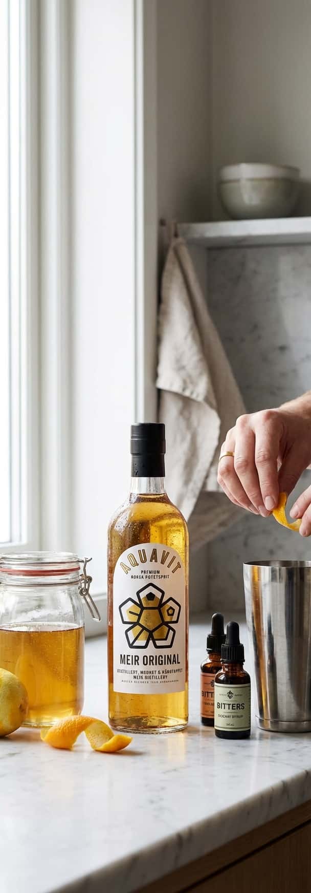 Hemmagjord sockerlag i glasflaska, citrusskal, bittersflaskor och cocktailshaker på marmorbord (Meir Original Aquavit)