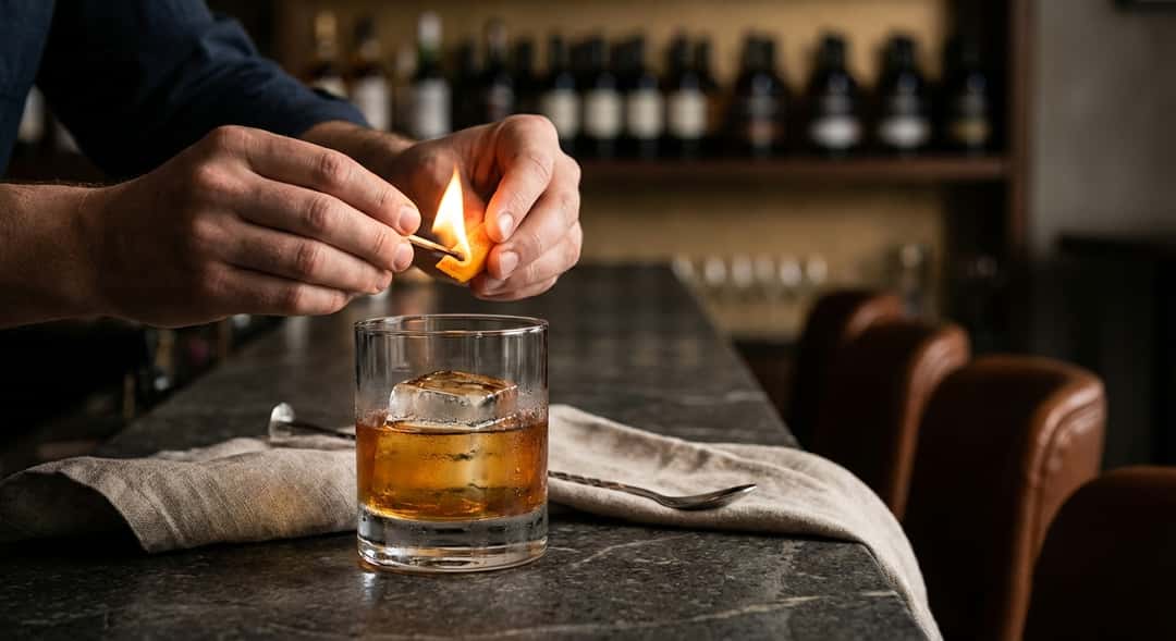 Old Fashioned i solitt whiskyglas med stor isbit och flammande apelsinskal, mörk bakgrund, dramatiskt ljus