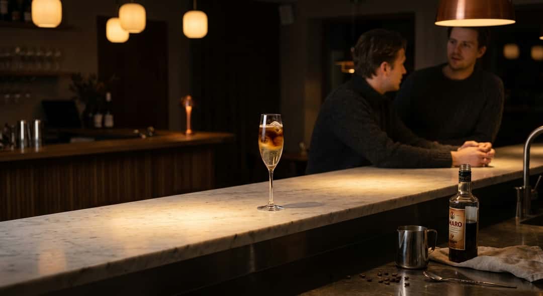 Ett elegant champagneglas med is, mörk espresso och bubblor från prosecco, serverat på ett marmorbord i varmt kvällsljus