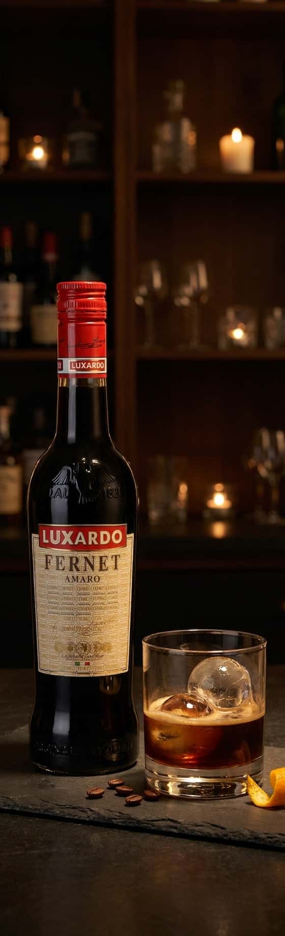 En flaska Luxardo Fernet Amaro bredvid ett glas med iskuber och espresso,
