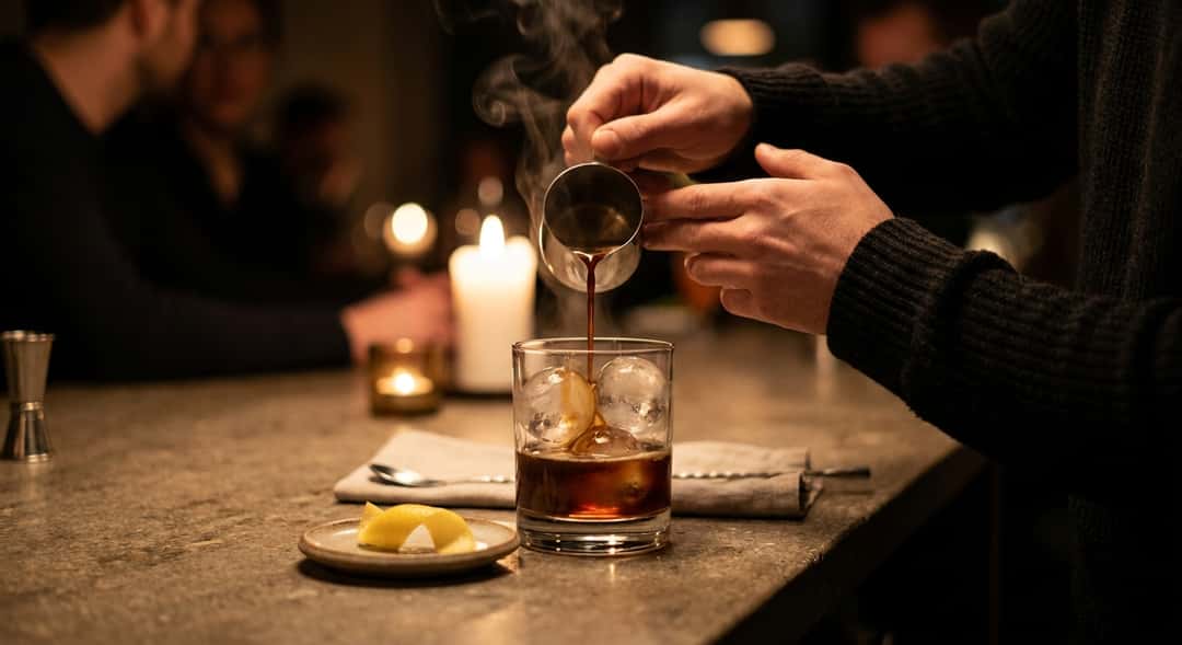 Närbild av varm espresso som hälls över stora iskuber i ett whiskyglas, ånga stiger upp