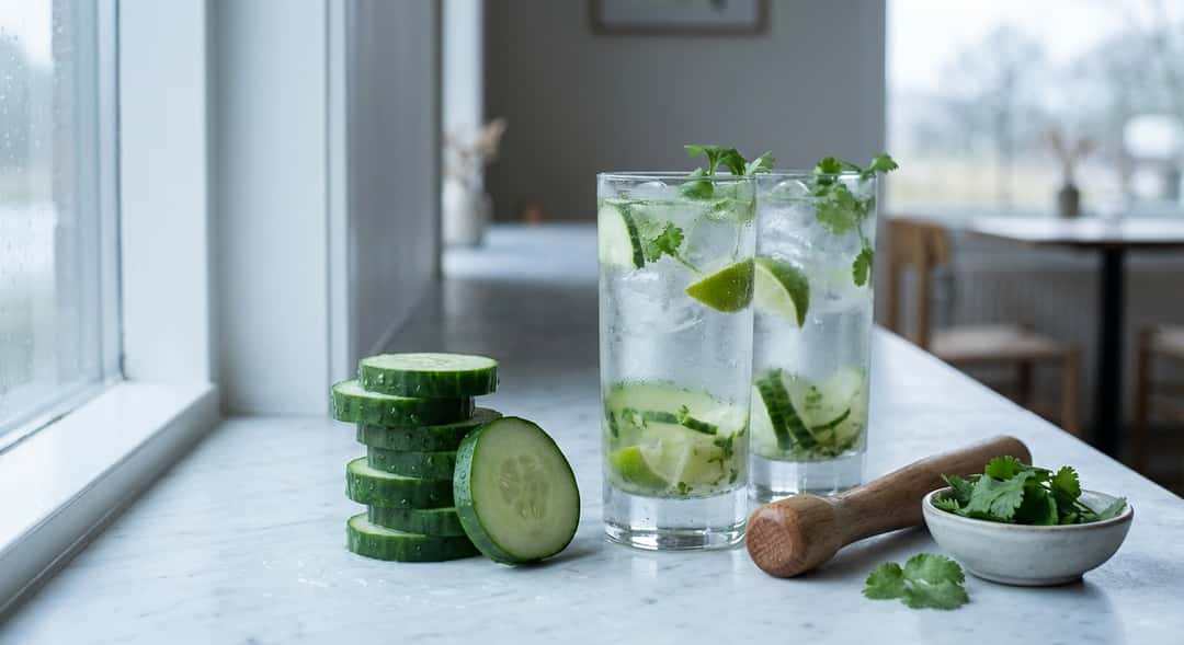 Raw cucumber slices stacked on a white marble surface, water droplets visible on green skin, natural daylight from a window