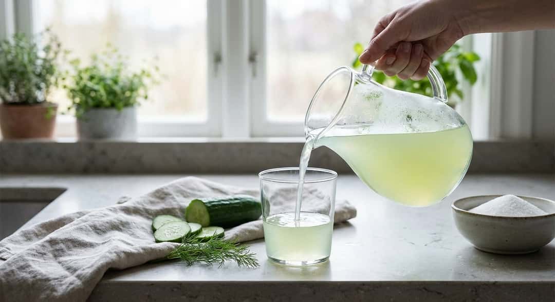 Glass jug with clear, light-green cucumber syrup, daylight, minimalist kitchen counter