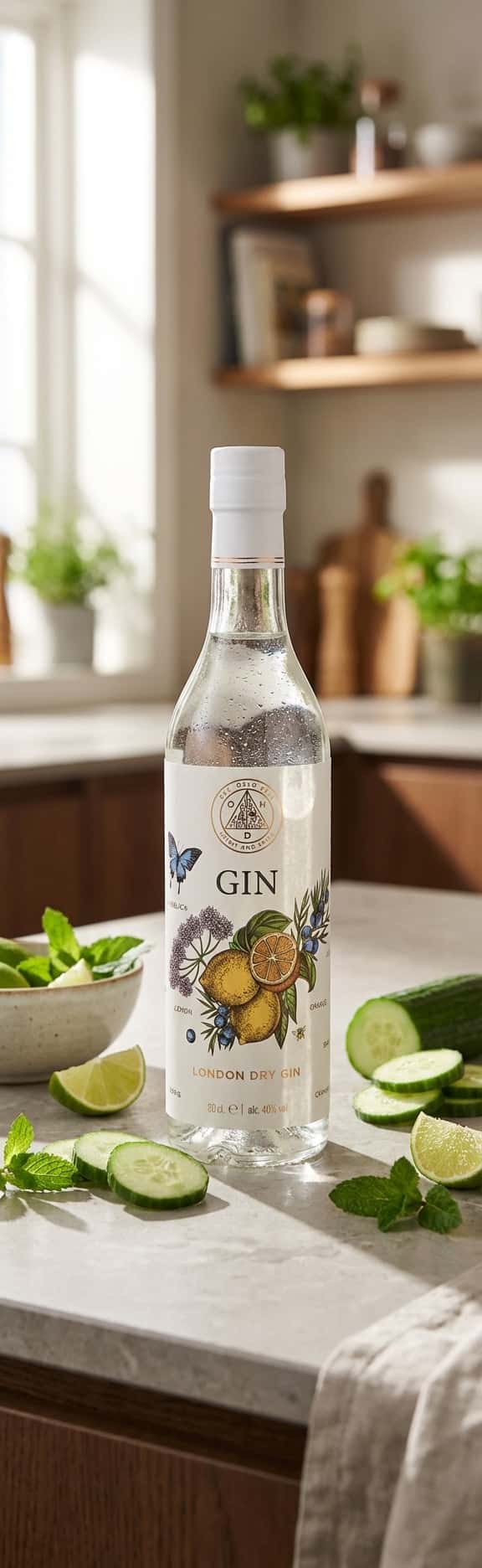 , Oslo Håndverksdestilleri Gin bottle on a kitchen counter surrounded by fresh cucumber slices, lime wedges, and mint leaves