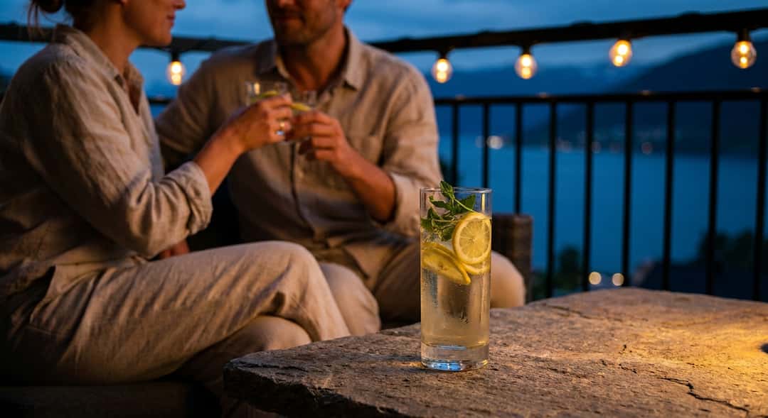 Et langt, iskaldt glass med akevitt, sitronskiver og friske urter på et trebord ute i solskinnet, med fjord i bakgrunnen