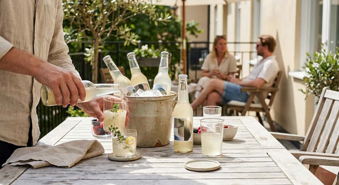 An outdoor table with non-alcoholic bottles in an ice bucket, sun and shade, summer atmosphere
