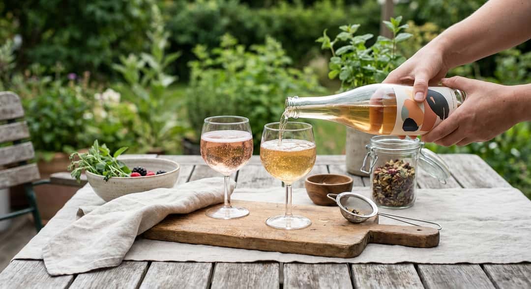 Two glasses of bubbles outdoors, a sparkling rosé and a sparkling tea, summery background with green plants