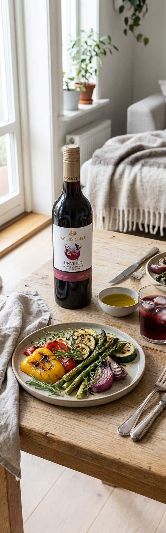 A bottle of Jacob's Creek Unvined Shiraz on a wooden table next to a plate of grilled vegetables and herbs,