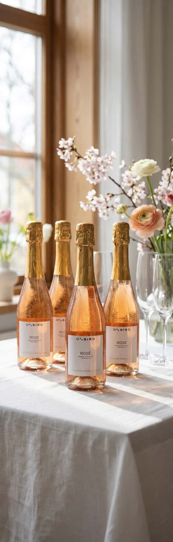 Five elegant bottles of non-alcoholic sparkling wine arranged on a white table with spring flowers and champagne glasses in the background