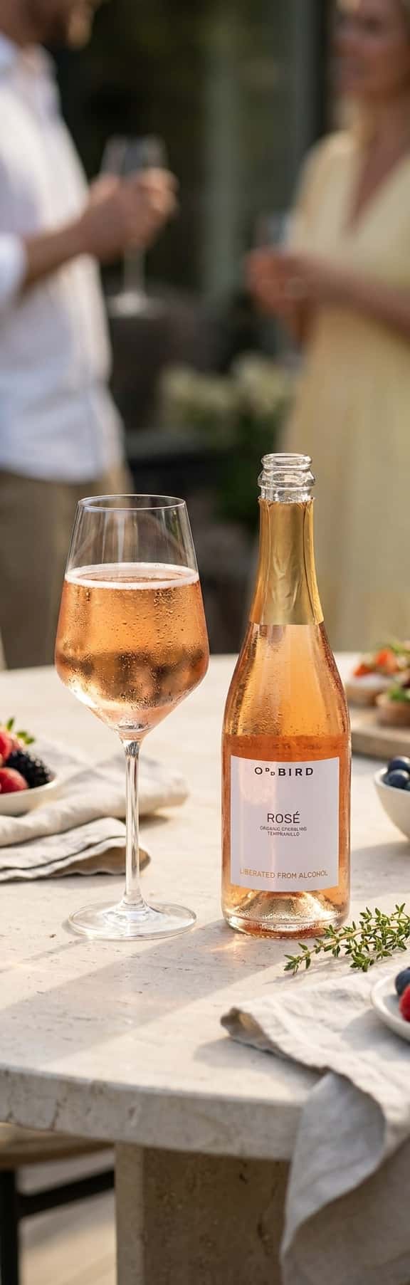 A glass of Oddbird Organic Sparkling Rosé served on a summer terrace, pink colour and fine bubbles,