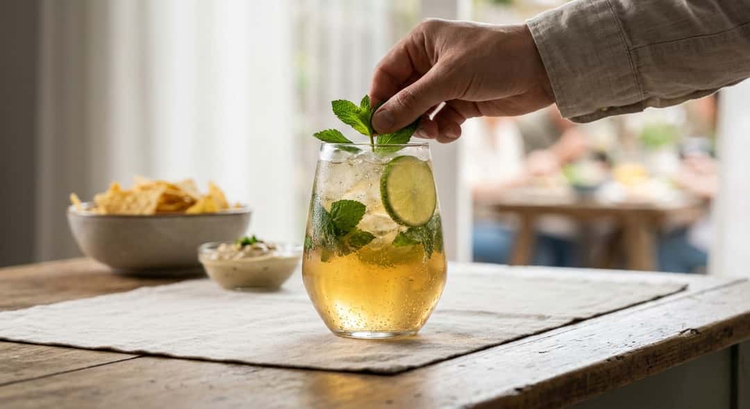 A large glass of sparkling non-alcoholic drink with mint leaves and a lime slice on ice, festive summer atmosphere, (Born to be Free