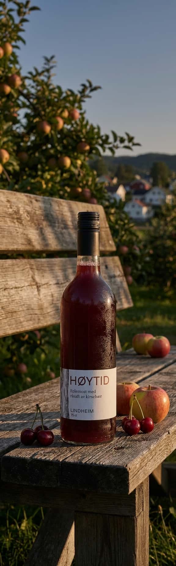 A bottle of Lindheim Høytid on a rustic wooden bench with Norwegian countryside and apple trees in the background, warm natural light,