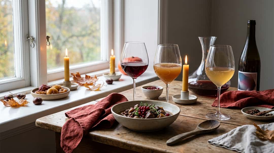 Tre glass med alkoholfrie høstdrikker servert på et rustikt trebord ved et vindu, sammen med en skål viltgryte, tente lys og servietter.