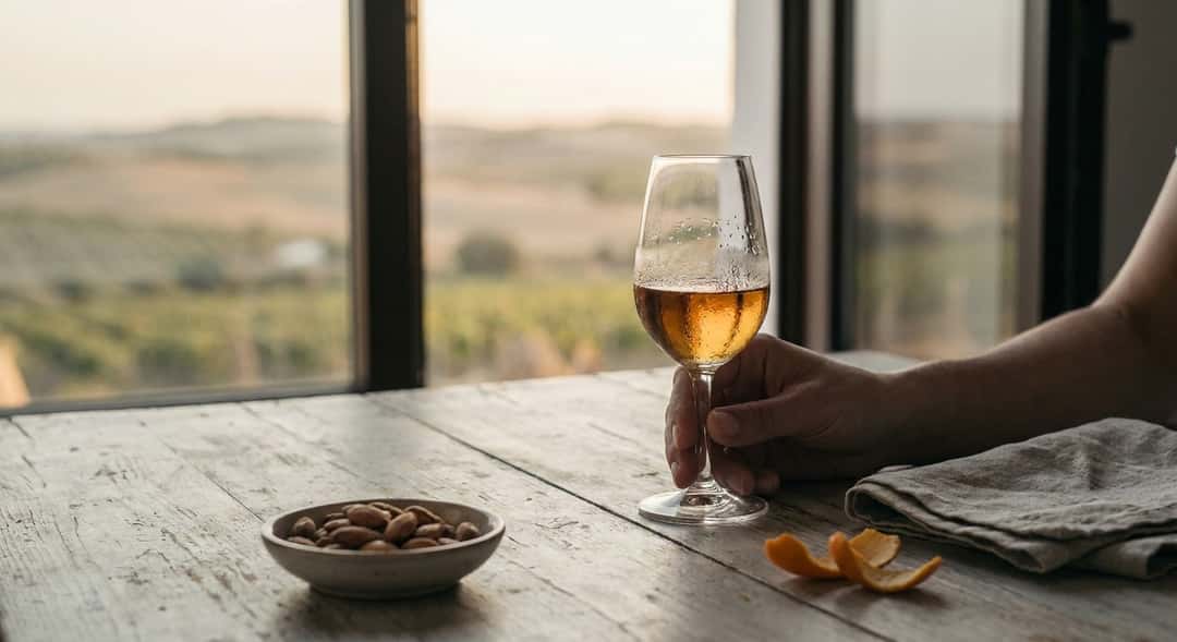 Et glass amontillado-sherry i gyldenbrun farge, stilt på et rustikt trebord i varmt kveldslys med Jerez-landskap i bakgr