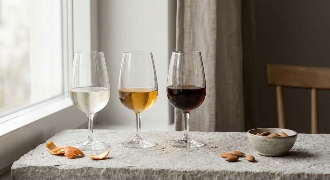 Nærbilde av tre glass sherry side ved side – blek fino, gylden amontillado og mørk oloroso – som illustrerer fargeforskj