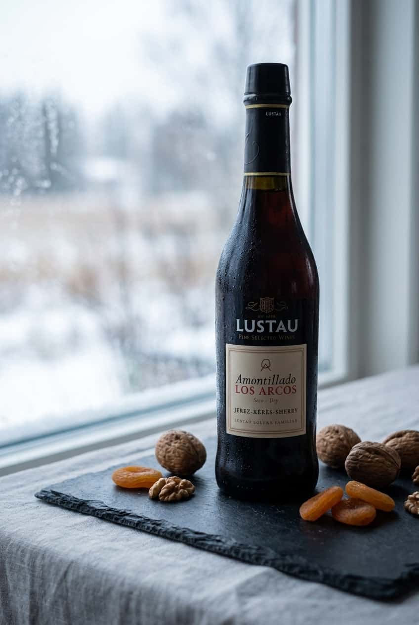 En flaske Lustau Amontillado Los Arcos på mørk skifertavle, flankert av valnøtter og tørket aprikos –