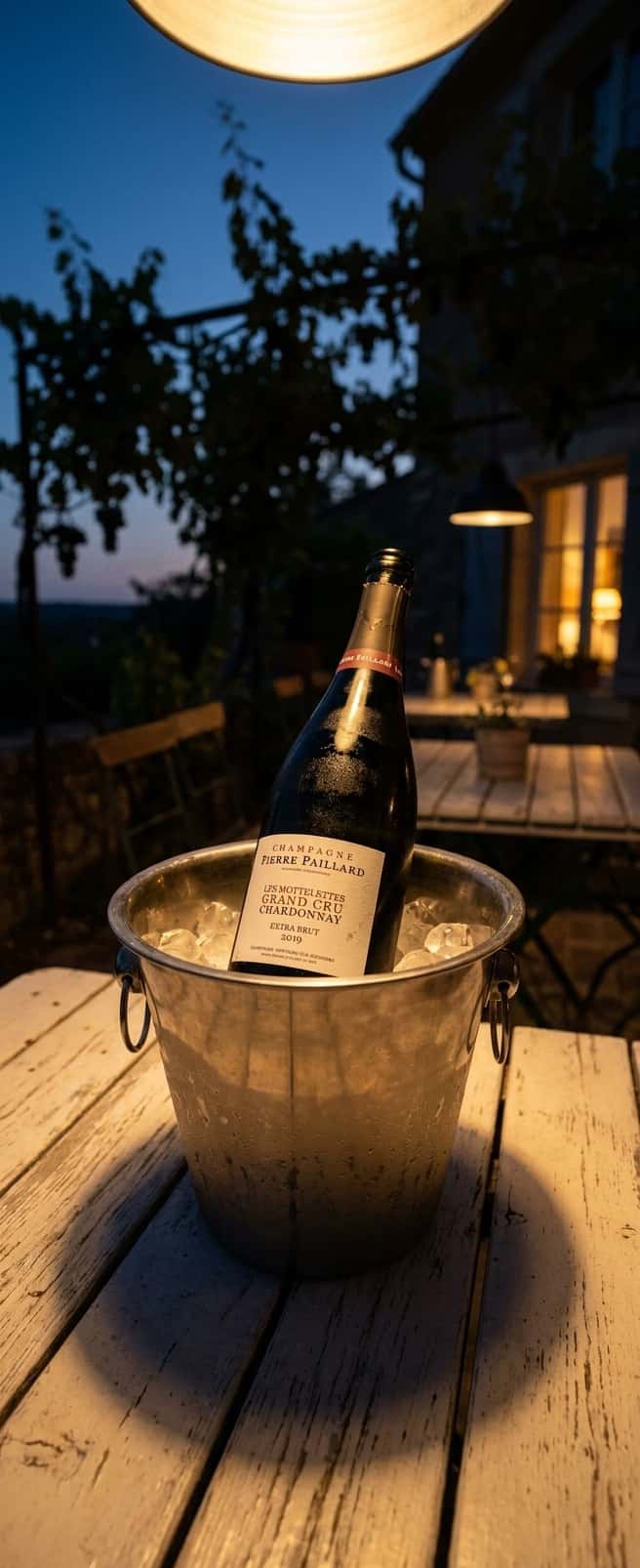 A bottle of Pierre Paillard Les Mottelettes sparkling wine in an ice bucket on a white-painted terrace table, evening light filtering through