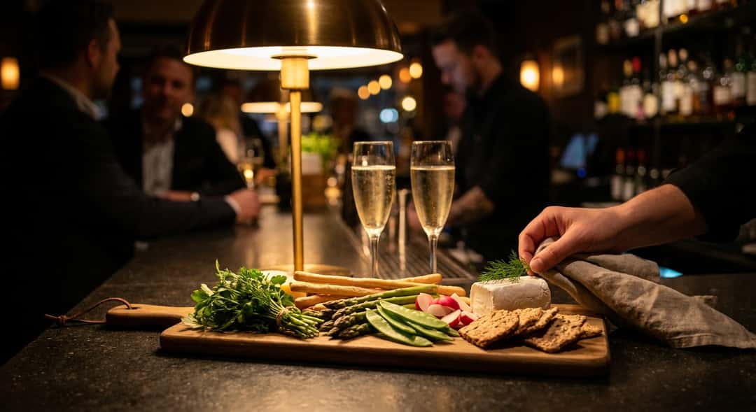A beautiful aperitif board with green herbs, radishes, chèvre, grissini, and crackers on a light wood cutting board, sparkling wine