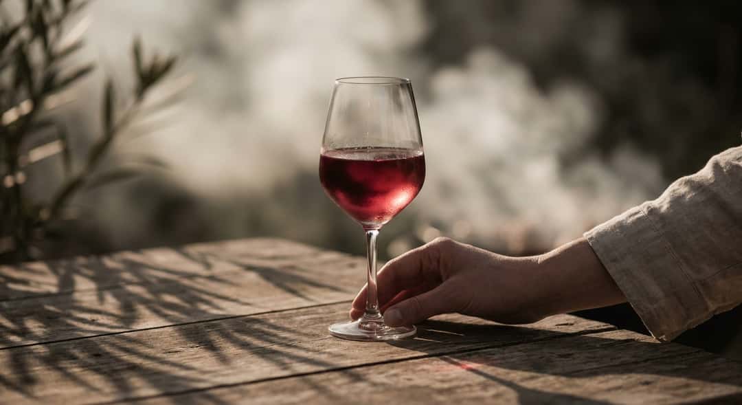 Ett glas djupt rosa rosé på ett träbord ute i kvällssol, med grillrök i bakgrunden och lövverk som kastar långa skuggor