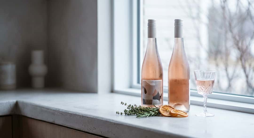 Två flaskor rosé bredvid varandra på köksbord – med färska örter och en citrusskiva framför (Garzón Pinot Noir