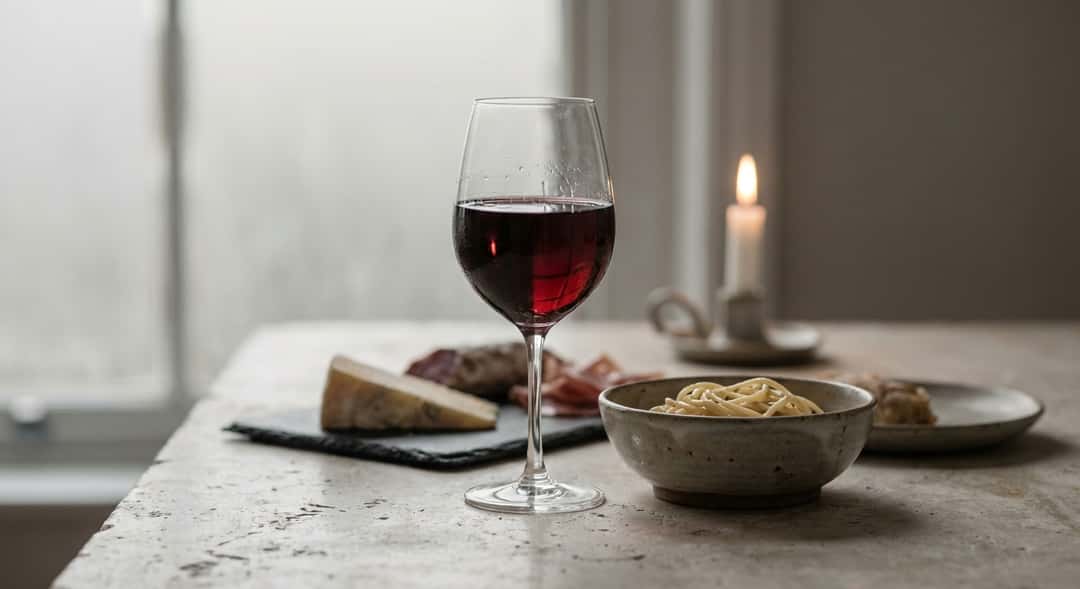 Enkel vardagsmat på träbord – pasta, ost och kallskuret – med ett glas rödvin bredvid och stearinljus tända i bakgrunden