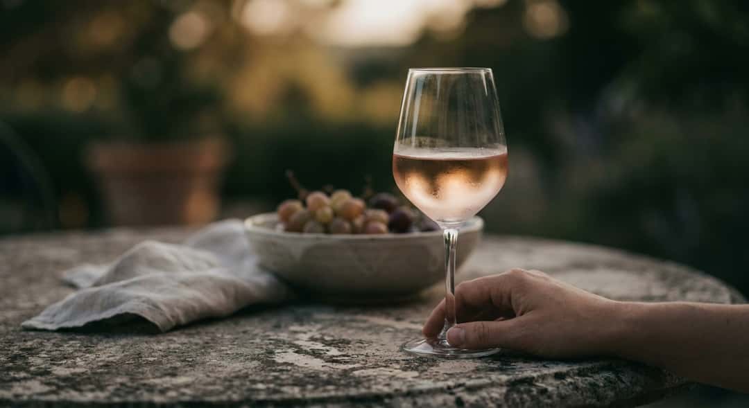 En person sitter ensam ute på en terrass i kvällsljus med ett glas rosa vin, lutar sig tillbaka och blickar ut över trädgården medan ljuset