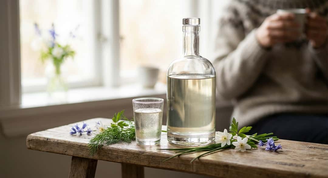 Bottles of pale spirits standing on a wooden bench surrounded by fresh herbs and spring flowers in natural daylight