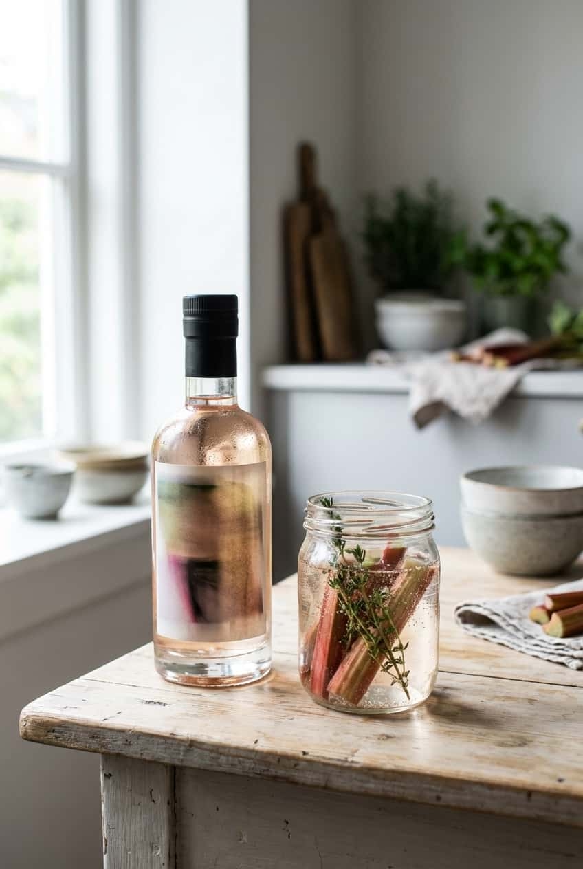 Close-up of fresh rhubarb and herbs placed in a jam jar with clear liquid (That Boutique-y Gin Co