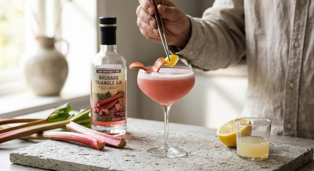 , the That Boutique-y Rhubarb Triangle Gin bottle on a kitchen counter with fresh rhubarb alongside (That Boutique-y Gin Co