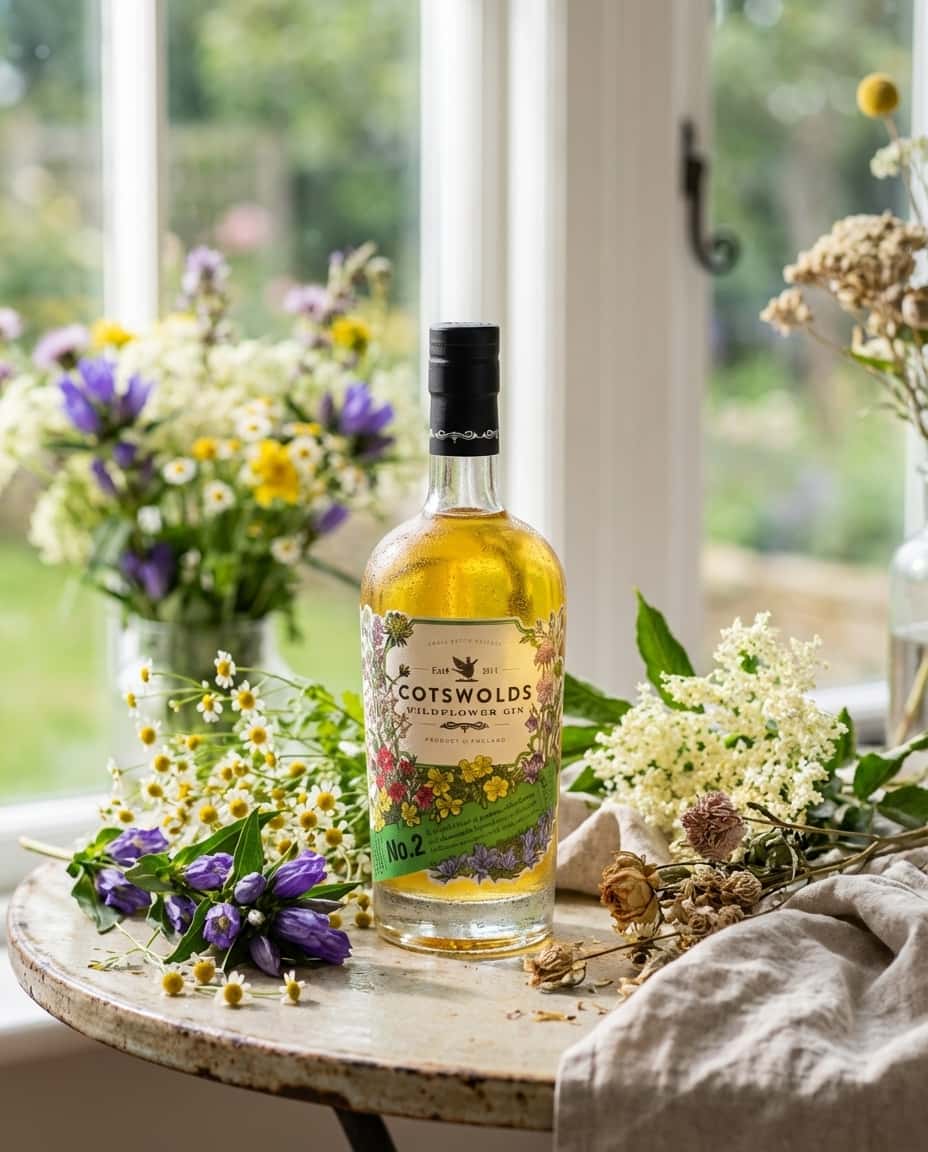 , Cotswolds Wildflower Gin bottle in natural light with wildflowers in the background (Cotswolds Wildflower Gin #2)