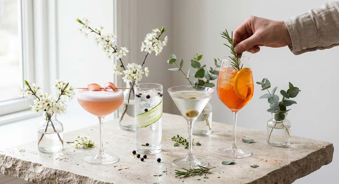 Four finished drinks in different glasses – rhubarb sour, gin and tonic, martini, and spritz – arranged on a table with spring flowers