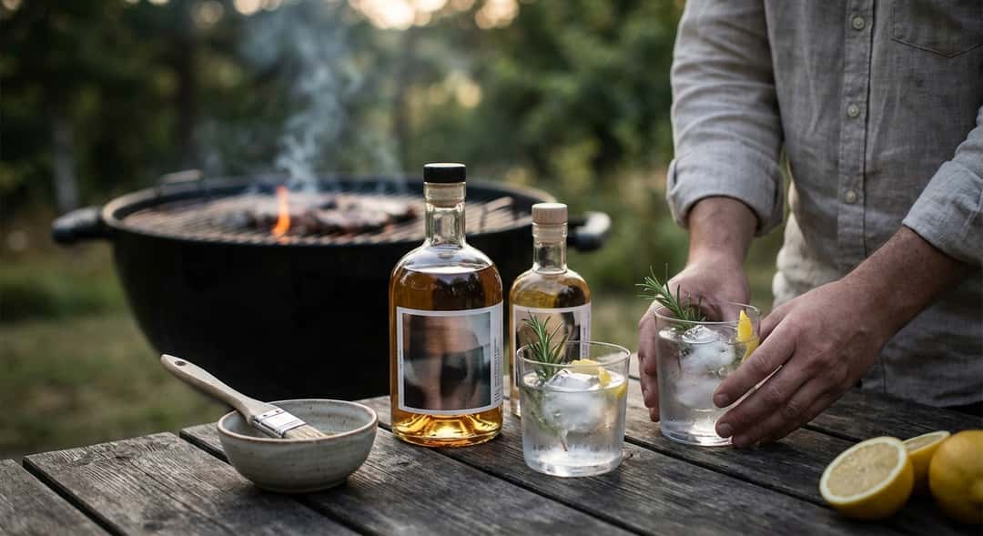 En grill med glödande kol, flaskor med gin och akvavit på ett träbord bredvid, vårkvällsljus