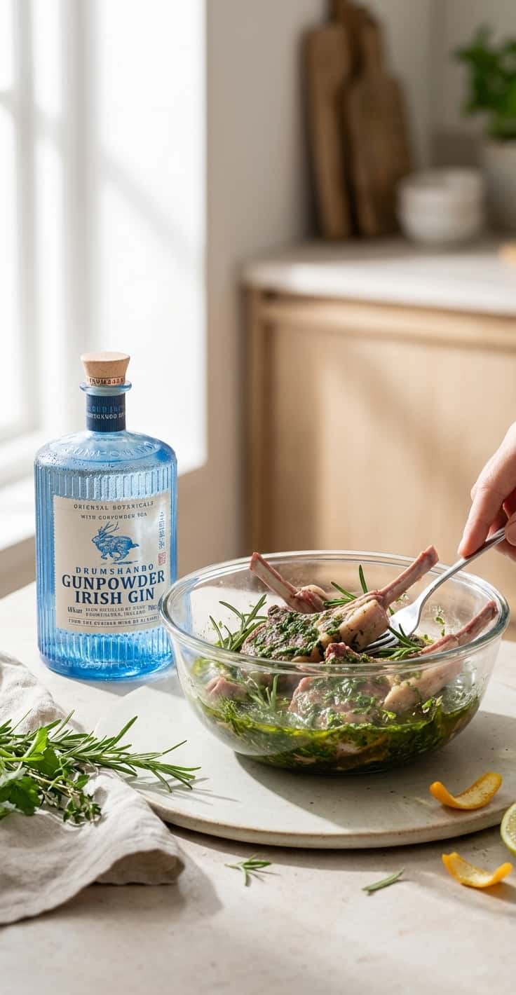 Lammkotletter i glasskål med grön marinad, färska örter, (Drumshanbo Gunpowder Irish Gin)