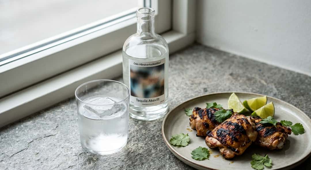 Grillad kyckling på fat, limefrukter, koriander, och glas med tequila, (Oslo Håndverksdestilleri Tequila Akevitt)
