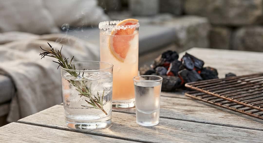Tre glas på utebord – G&T med bränd rosmarin, snaps-glas med akvavit, och Paloma med saltkant, grillkol i bakgrunden
