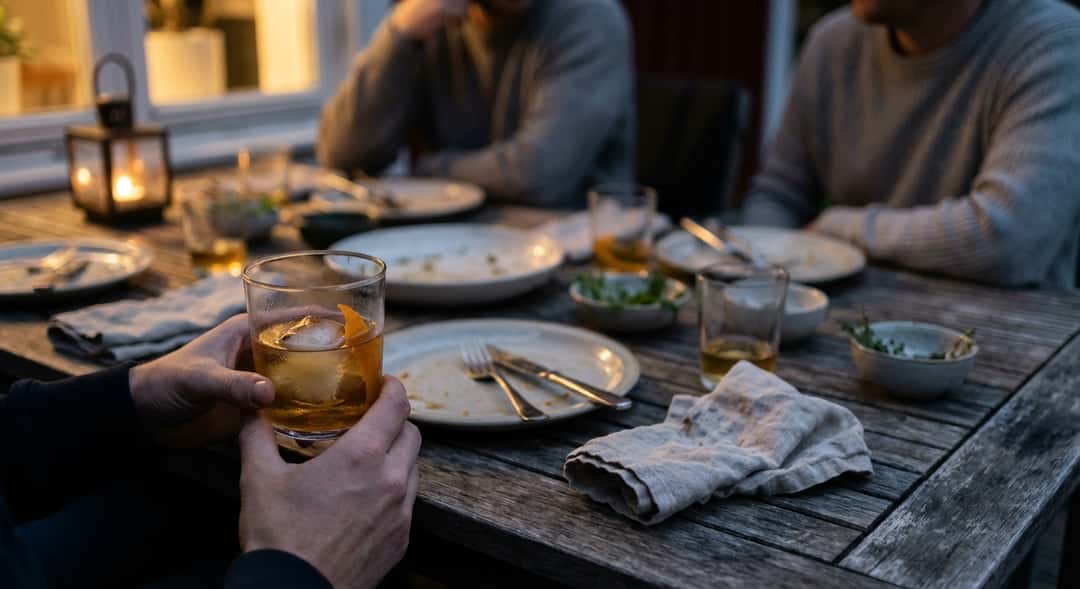 Uteplatsen i kvällsljus, avslutad grillmåltid med tomma tallrikar, glas med drink, och nöjda människor runt bordet