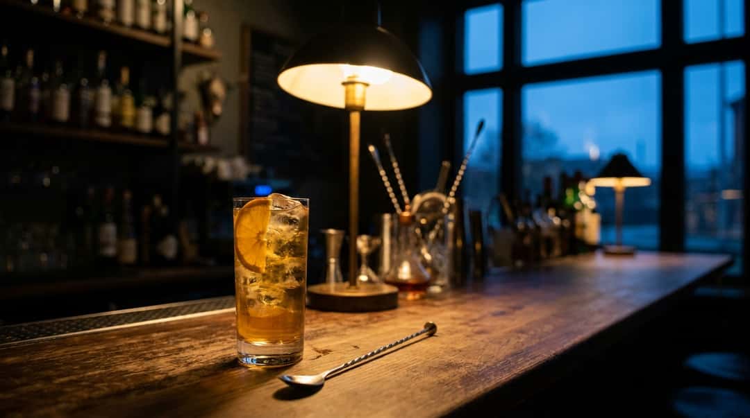 Et høyt highball-glass fylt med is, en gyllen drink og en appelsinskive står på en trebardisk ved siden av en barskje i dempet belysning.