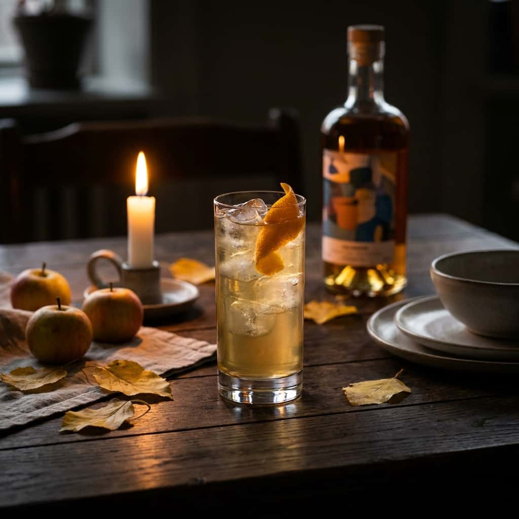 Et høyt glass med calvados-highball og is på et mørkt trebord, pyntet med appelsinskall. I bakgrunnen står et levende lys, epler, høstløv og en flaske brennevin.