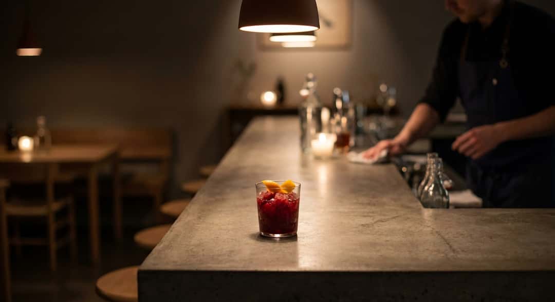 Ett glas djupt röd Campari-granita i ett enkelt tumblerglas, toppat med apelsinskal, på en marmorbänk i starkt solljus
