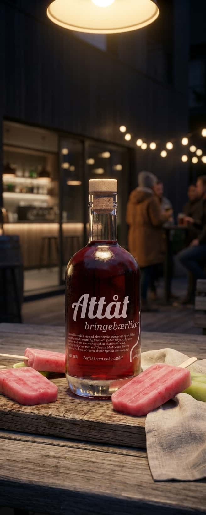 En flaska Attåt bringebærlikør bredvid rosa isglasspinnar med hallon och limeskivor på en träbricka ute i trädgården,