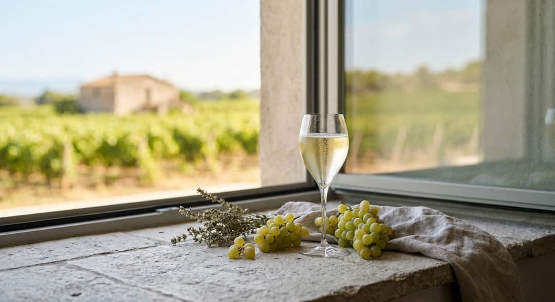 Solig dag över vingårdarna i Penedès, Katalonien – gröna vinrankor mot blå himmel och ett litet gårdshus i bakgrunden