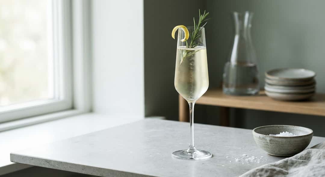 Ett kylt glas Marques de Terrabona Cava Brut Nature på ett träbord, garnerat med en citronskiva och färska örter –
