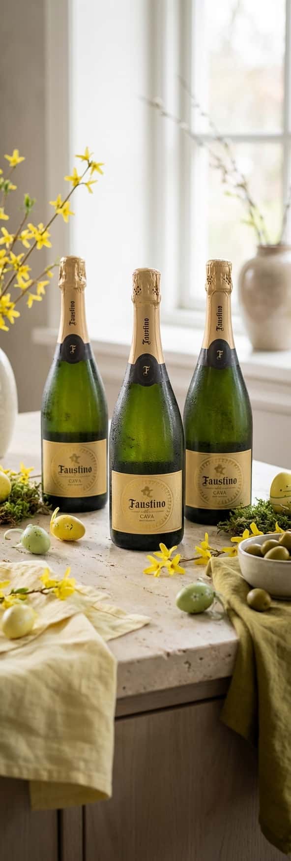 Tre olika cavaflaskor uppställda på en köksbänk, omgivna av påskdekorationer i gult och grönt – (Faustino Cava Brut Reserva)