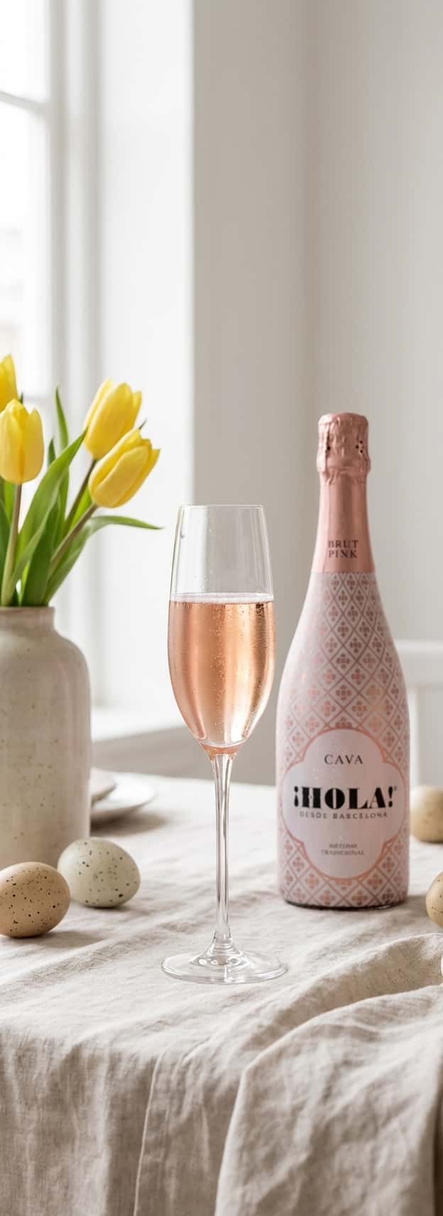 Ett glas rosé-cava i ljusrosa färg på ett dukat påskbord med gula tulpaner och påskägg i bakgrunden – (Cava Hola! Cav