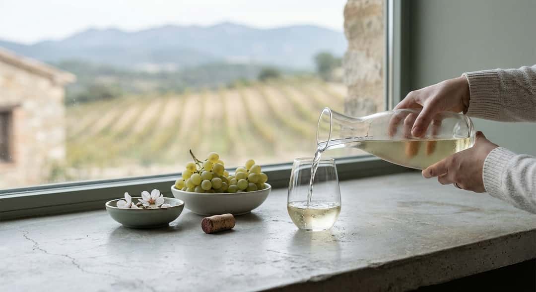 Vineyards in the Penedès region of Catalonia, densely planted rows of macabeo vines in morning light, mountains in the background