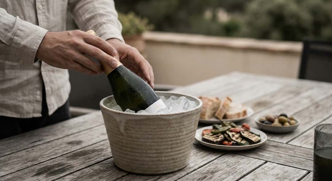 Chilled cava bottle in an ice bucket on an outdoor wooden table, plates of grilled food and tapas in the background, summer atmosphere