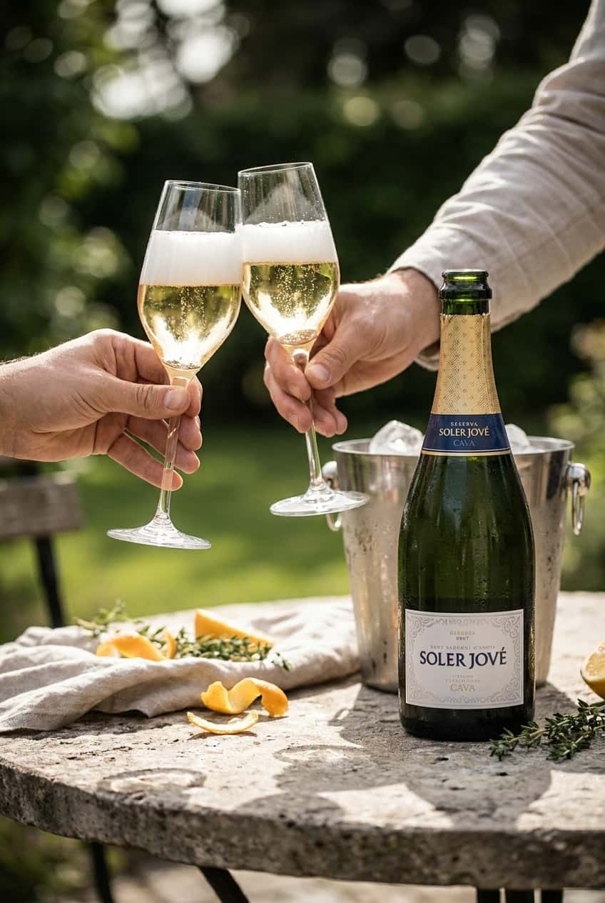 Two cava glasses with fine foam held up against sunlight, clear golden colour, green garden in the background (Soler-Jové Cava Brut)